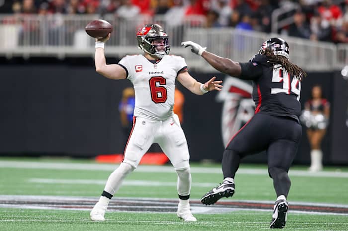Dec 10, 2023; Atlanta, Georgia, USA; Tampa Bay Buccaneers quarterback Baker Mayfield (6) throws a pass against the Atlanta Falcons in the second half at Mercedes-Benz Stadium.